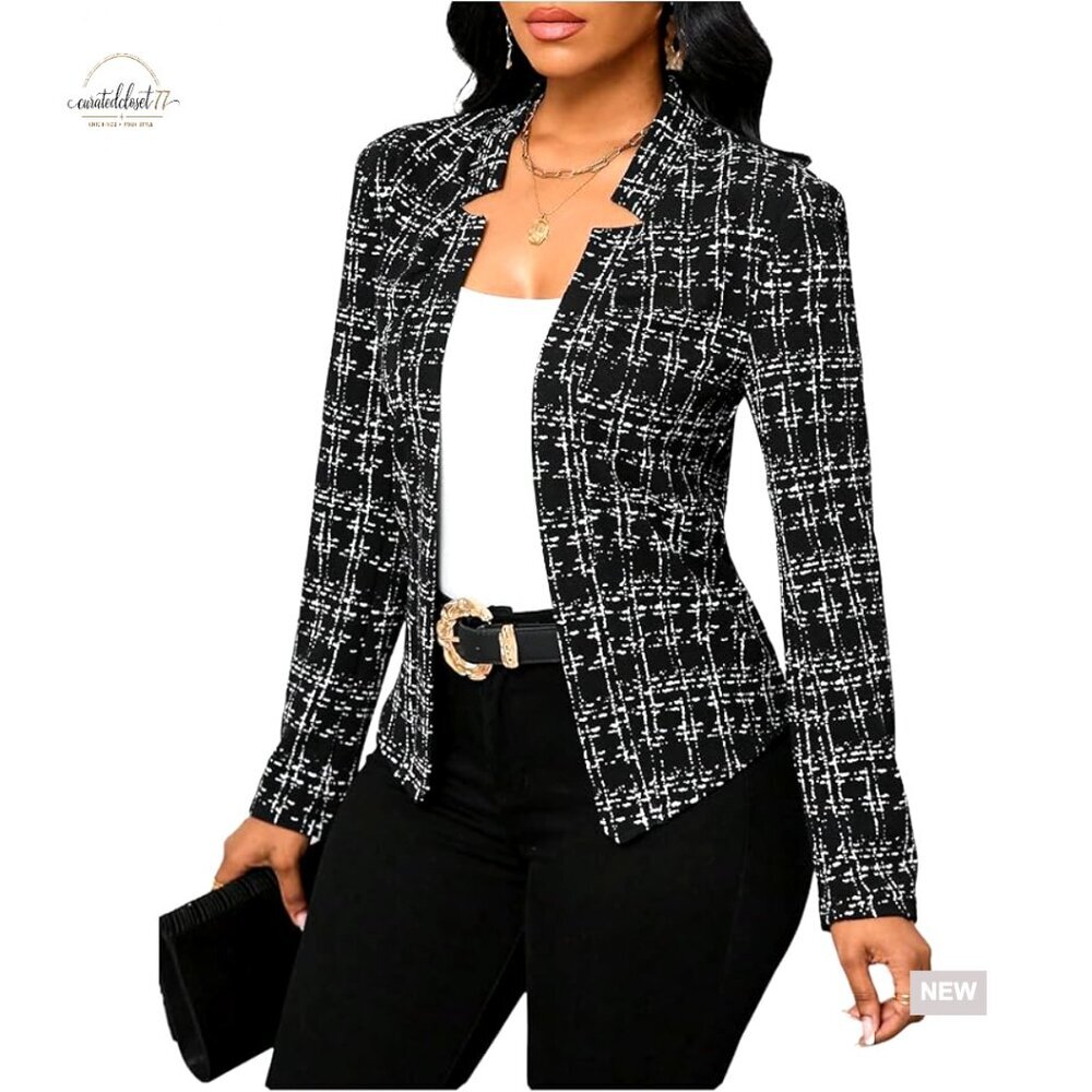 Plaid Tweed Blazer Open Front Long Sleeve Business Jacket Regular Fit